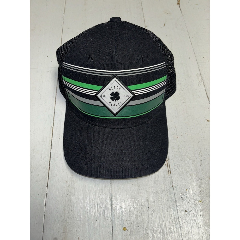 Black Clover Hat Cap Snapback Live Lucky Black Mesh Back Green Stripes‎ Diamond